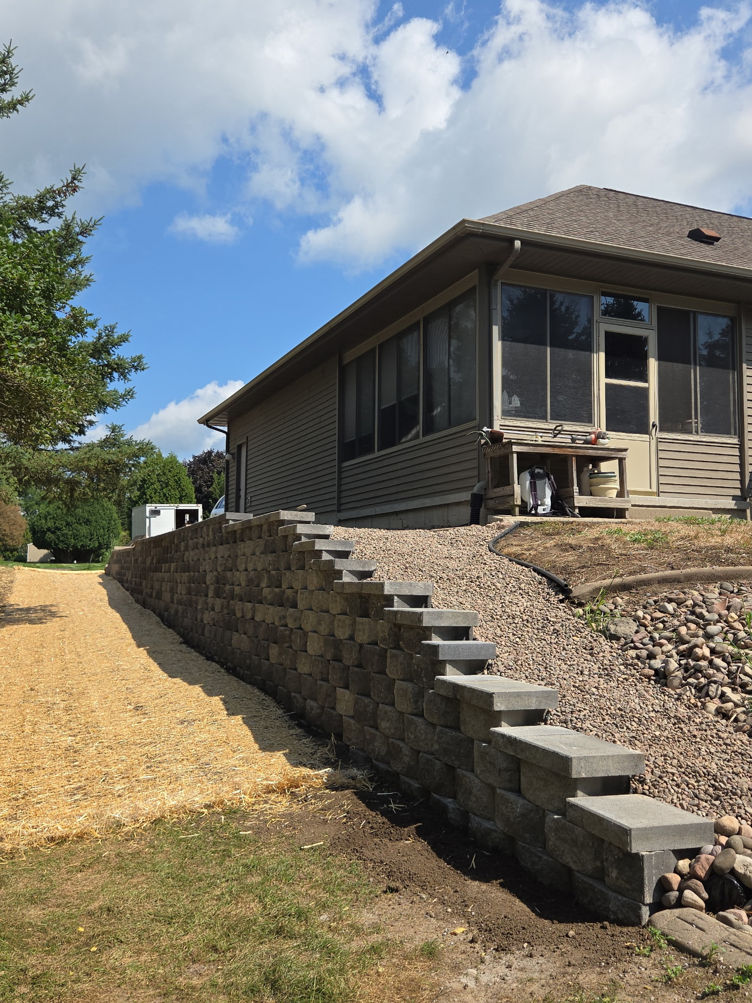 Finished retaining wall landscaping detail in Sun Prairie, WI