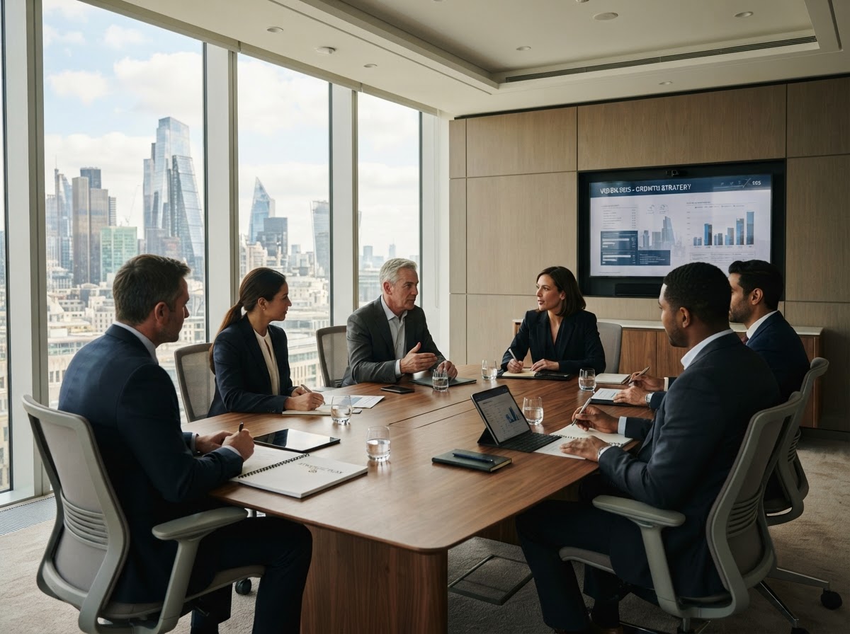 Executive strategic planning meeting in a modern conference room