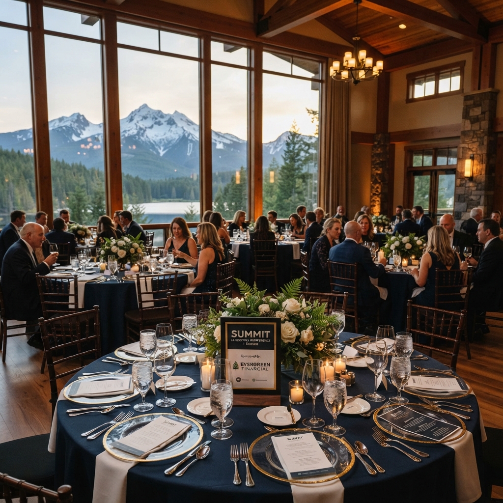 Premium Pacific Northwest event venue with elegant table settings and mountain views