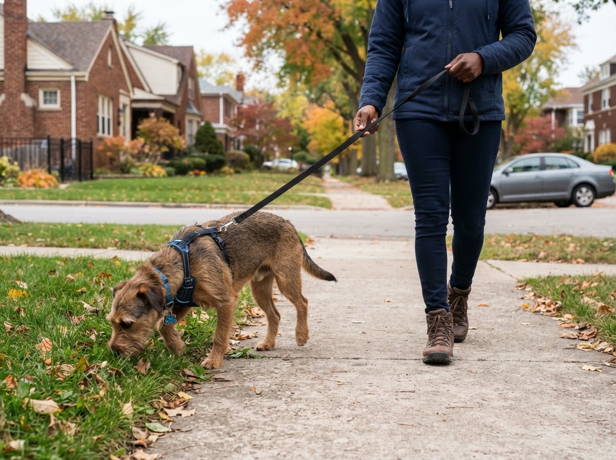 A dog walking on a leash showing subtle tension and stiff body posture