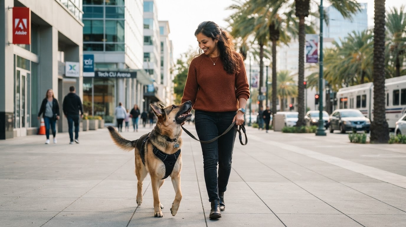 A woman and her shepherd mix dog, wearing a harness with leash attached to the back, looking lovingly at each other on a downtown San Jose city street