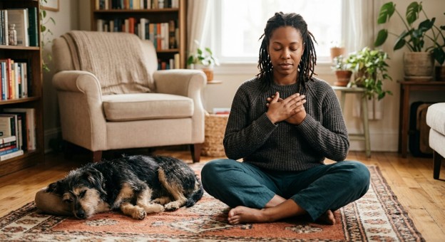 Woman sitting cross-legged on a rug with hands over her heart in meditation while her dog sleeps peacefully beside her