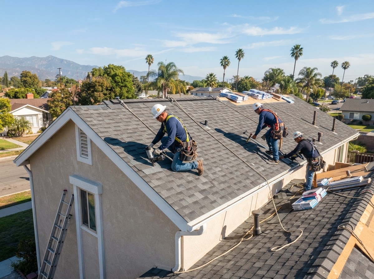 All Seasons Roofing Experts installing asphalt shingles on a home in Colton, CA