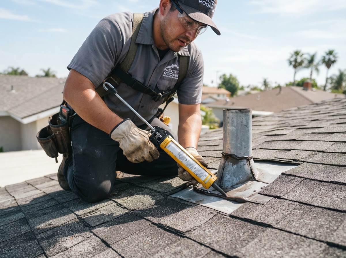 Roofer repairing flashing and sealing a vent pipe on a shingle roof in Fontana, CA
