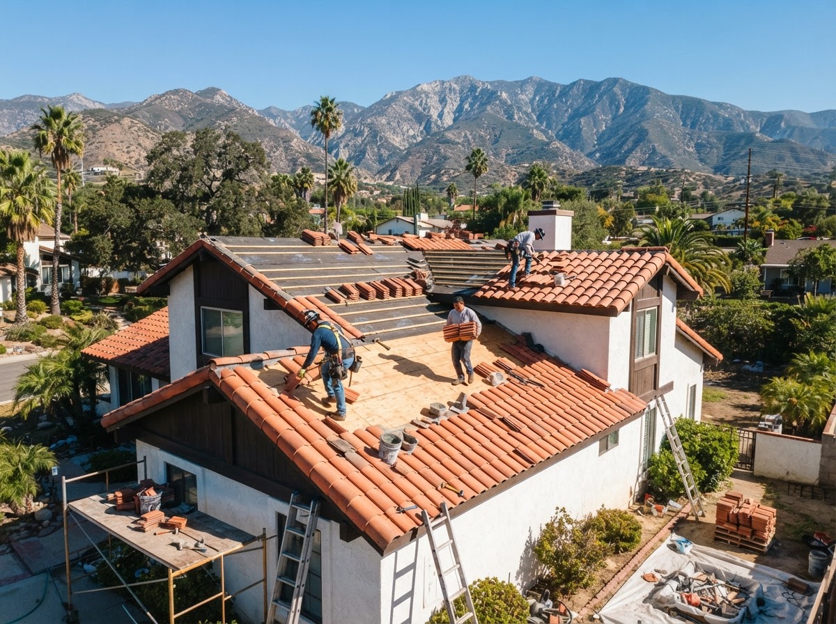 Roofing crew replacing a clay tile roof on a home in San Bernardino, CA