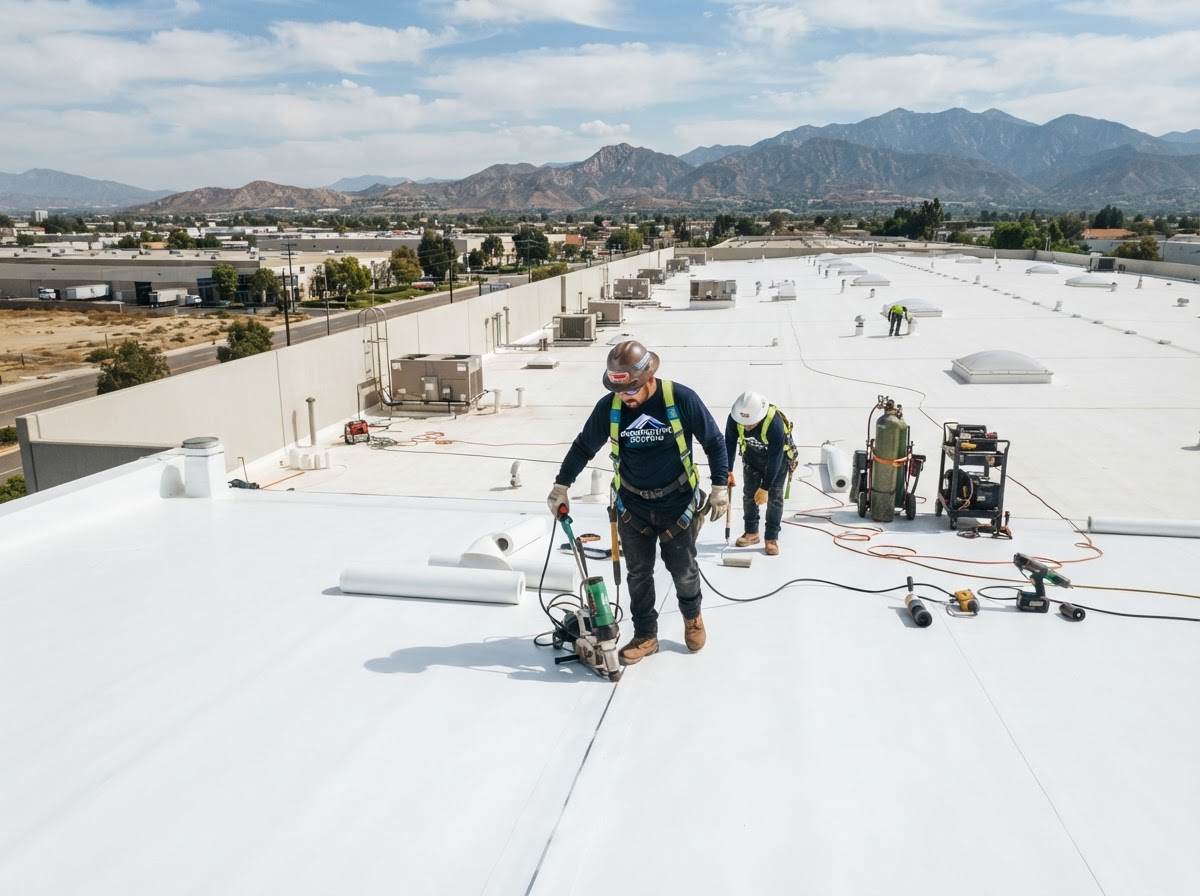 Commercial flat roof TPO membrane installation on a warehouse in Riverside, CA