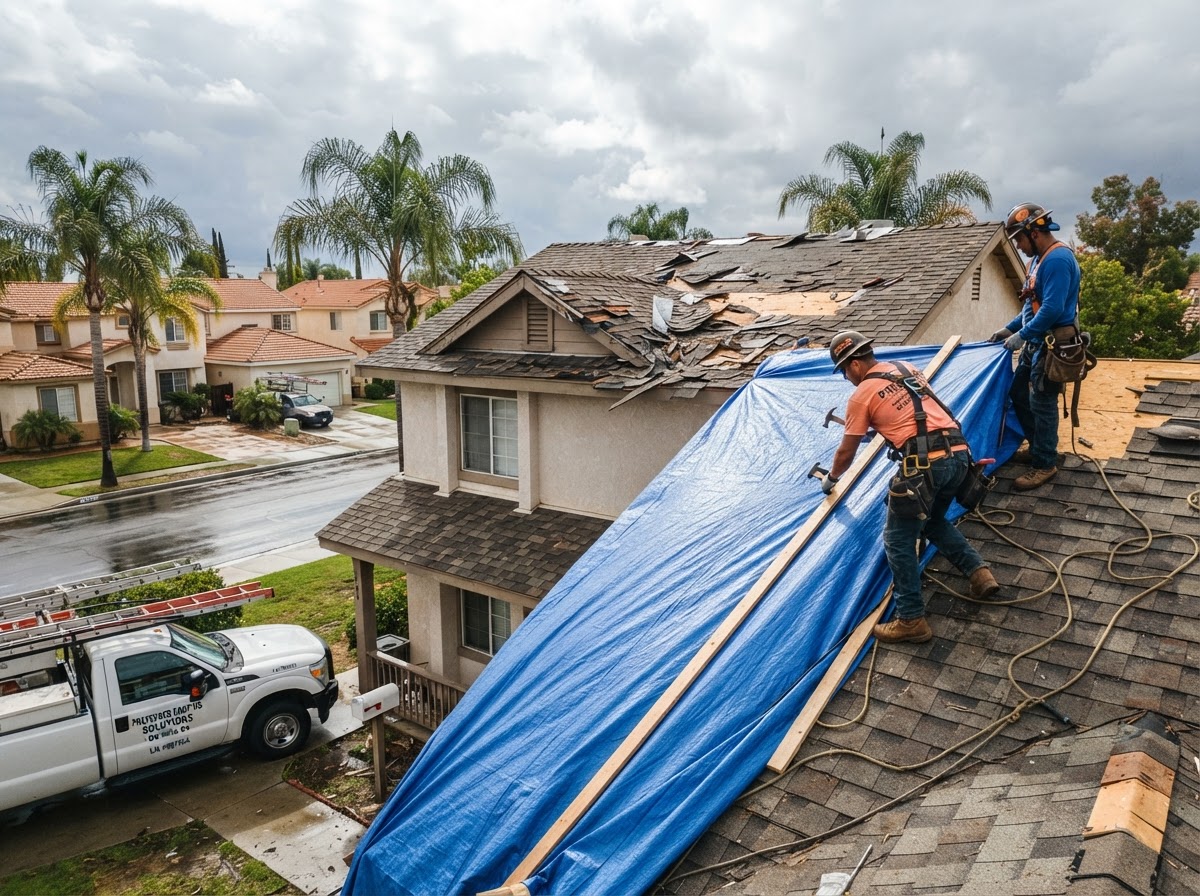 Emergency roof tarping and storm damage repair on a home in Ontario, CA