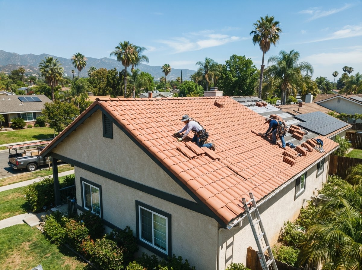 New concrete tile roof installation on a suburban home in Redlands, CA