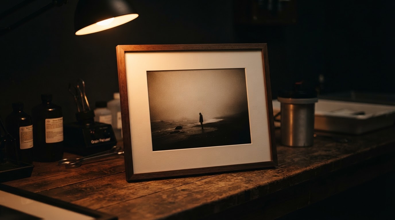Fine-Art-Abzug im Passepartout-Rahmen, warm beleuchtet im Atelier von ML Fotodesign