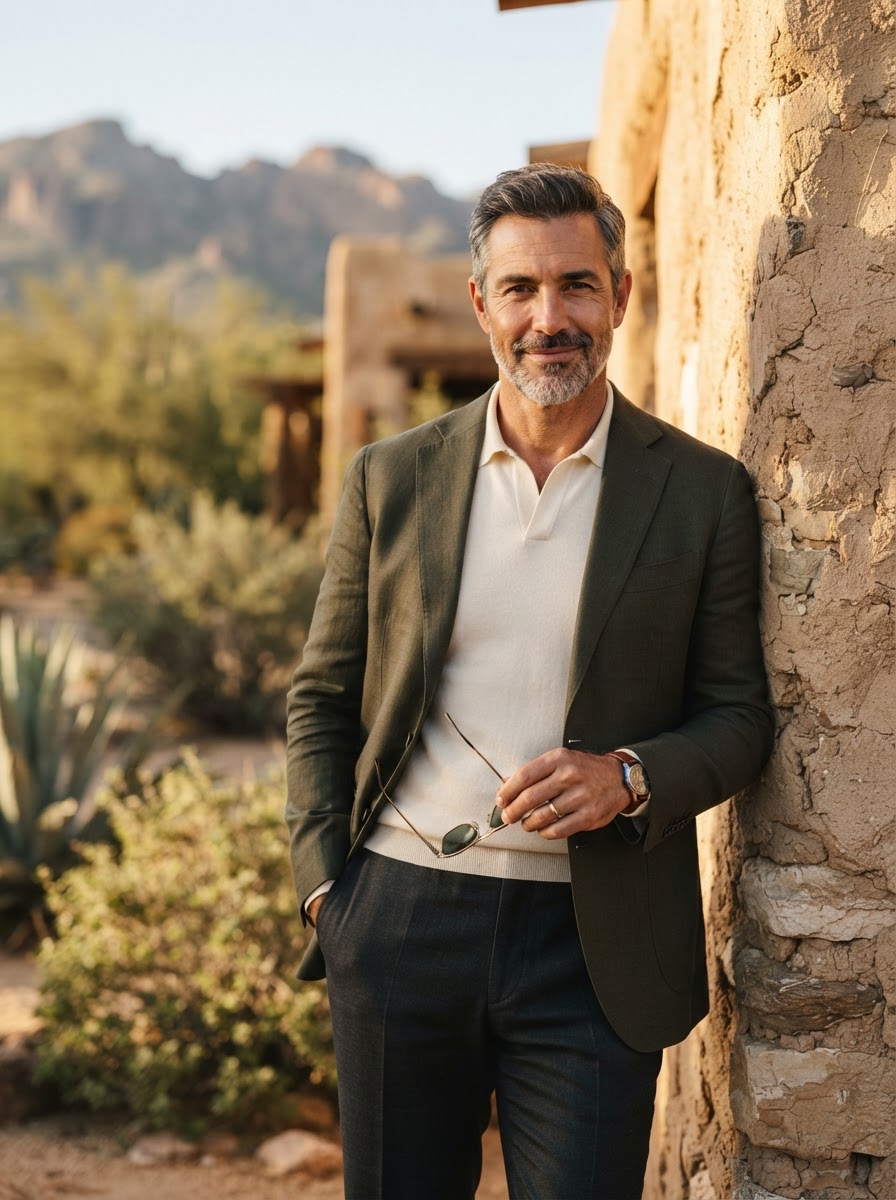 A confident, distinguished man in warm desert light