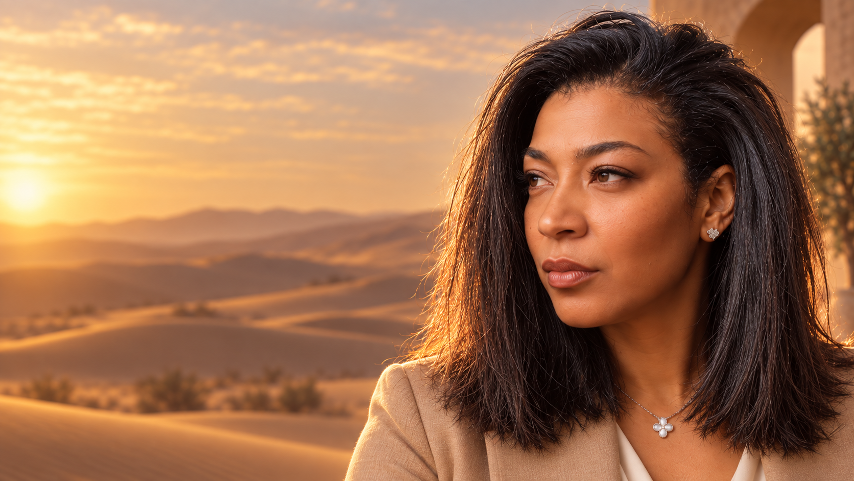 Dr. Yana Blaise standing in a warm desert landscape at golden hour