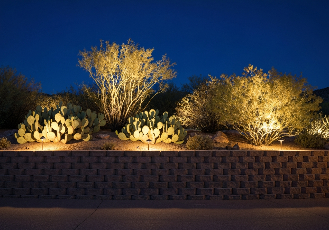 Landscape lighting illuminating a stone retaining wall