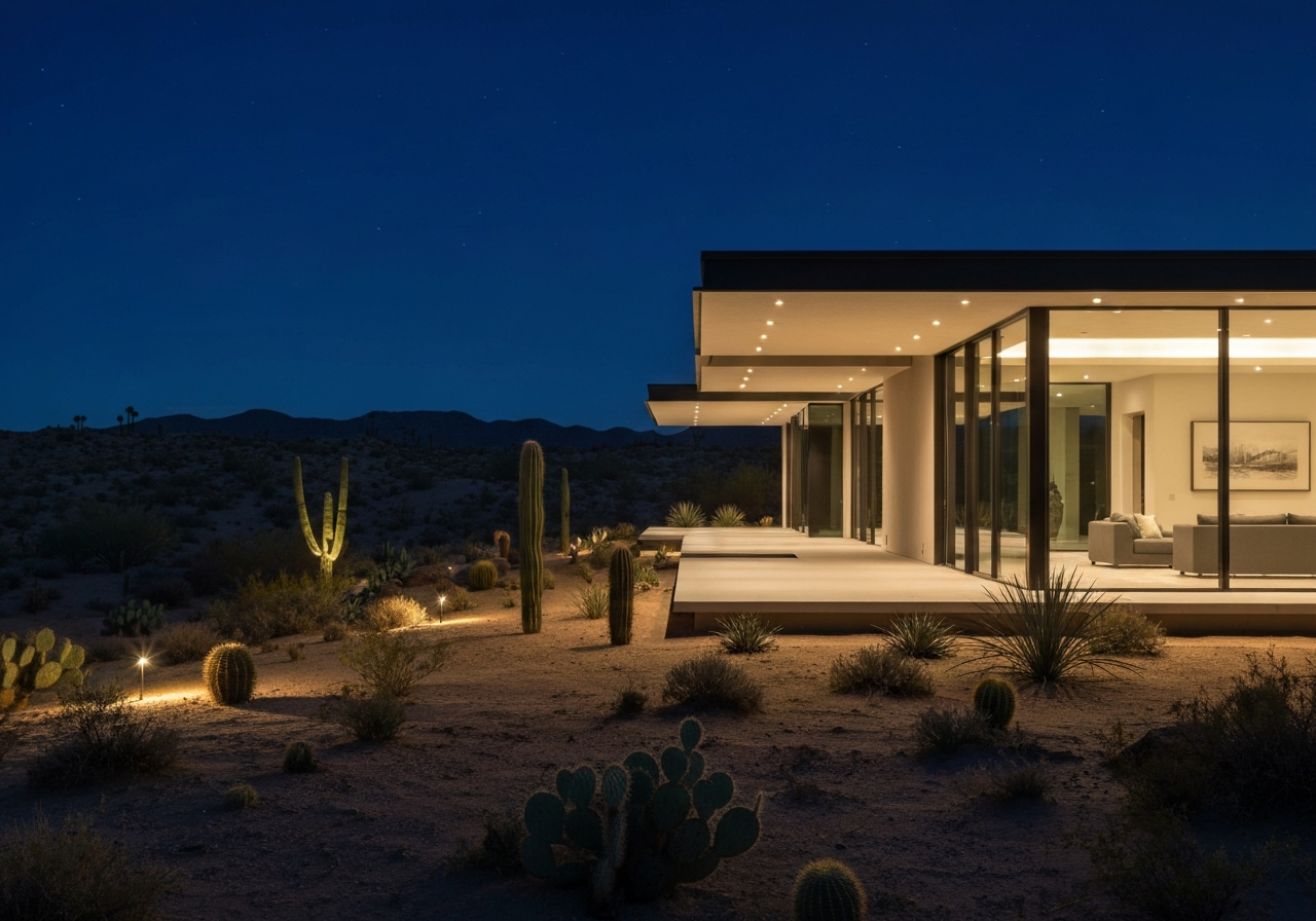 Modern desert home exterior with stunning landscape lighting
