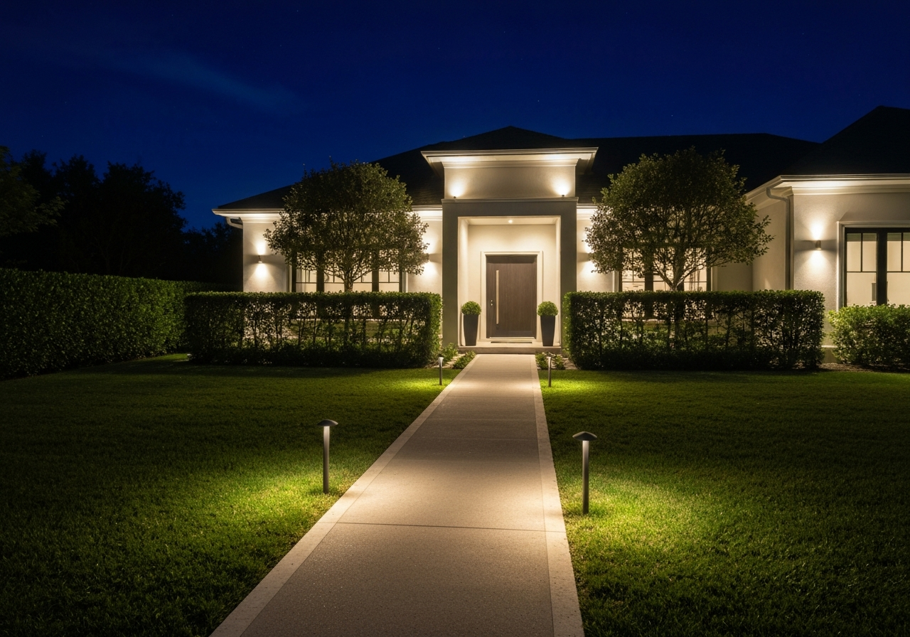 Front yard of a luxury home at night with architectural uplighting