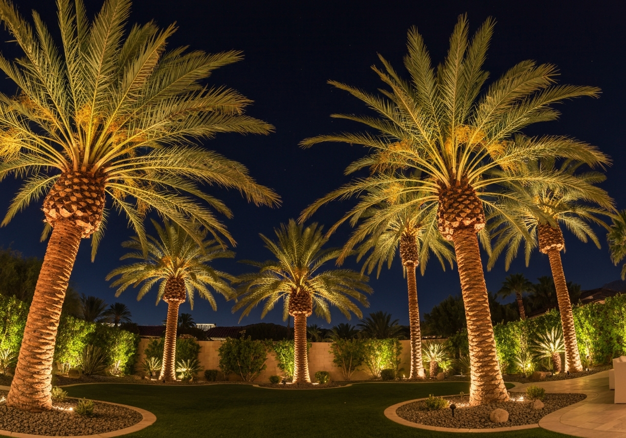 Illuminated palm trees in a Las Vegas backyard at night