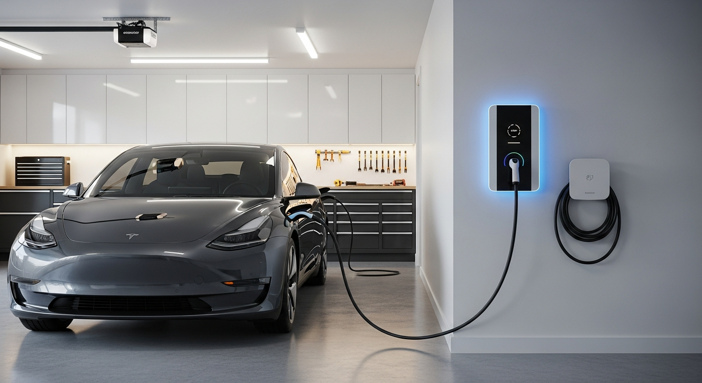 Modern electric vehicle charging in a residential garage in San Ramon
