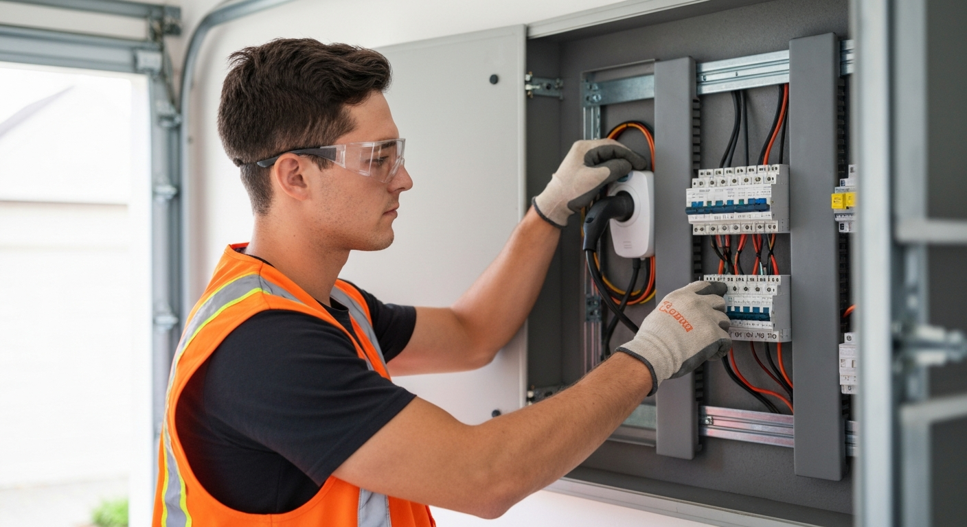 Electrician upgrading an electrical panel for an EV charger