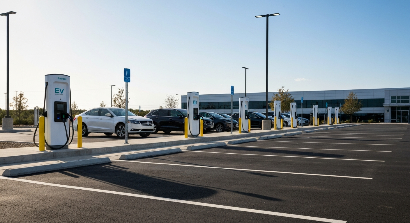 Commercial EV charging stations in a parking lot