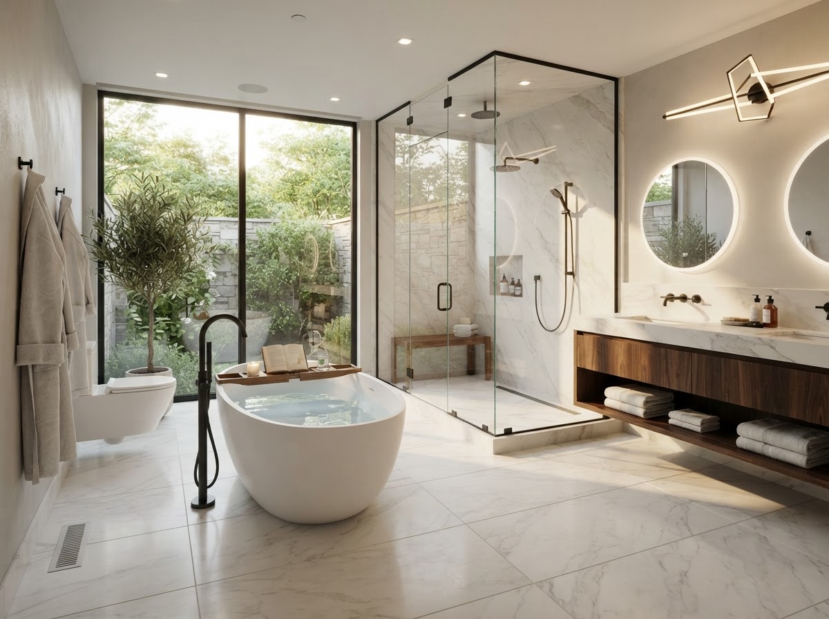 Luxury freestanding tub bathroom with marble floors and walk-in shower