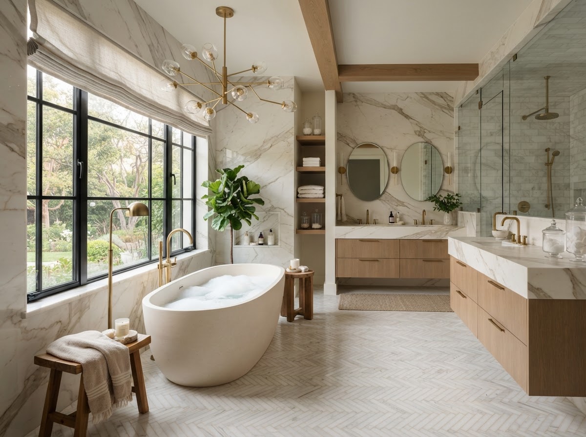 Master bathroom with freestanding tub, herringbone floor and chandelier