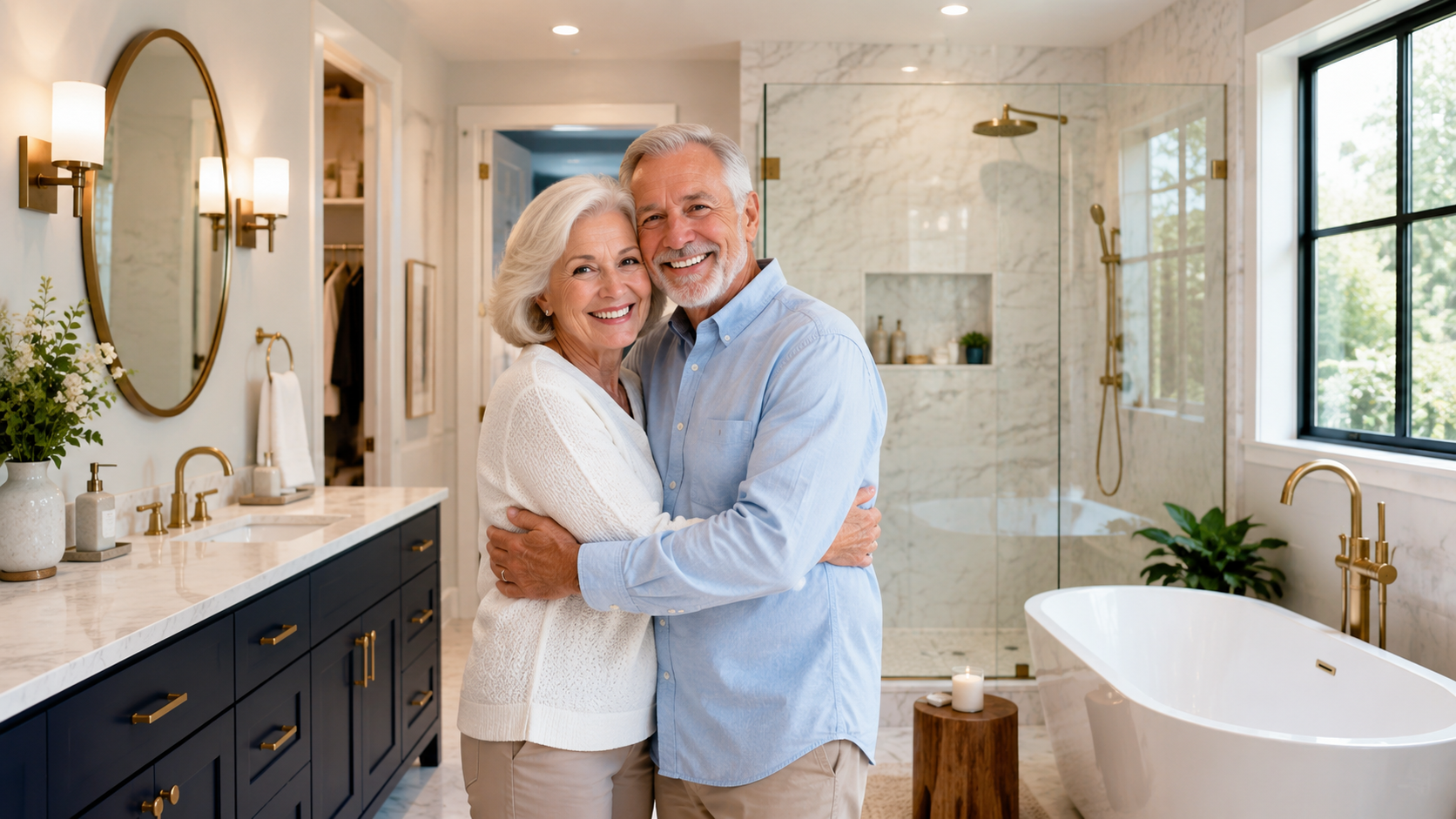 Happy homeowners in their remodeled bathroom