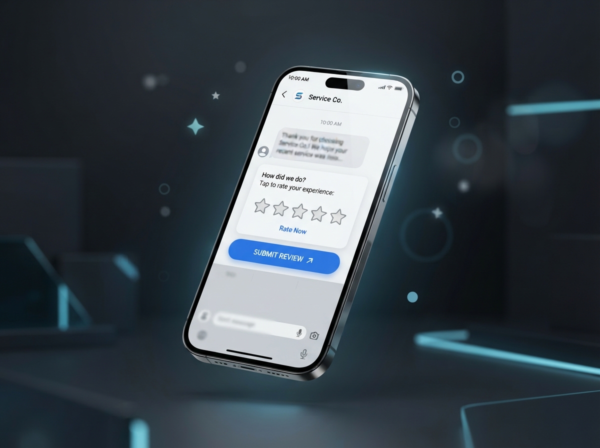 Smartphone showing an automated review request message after a completed service