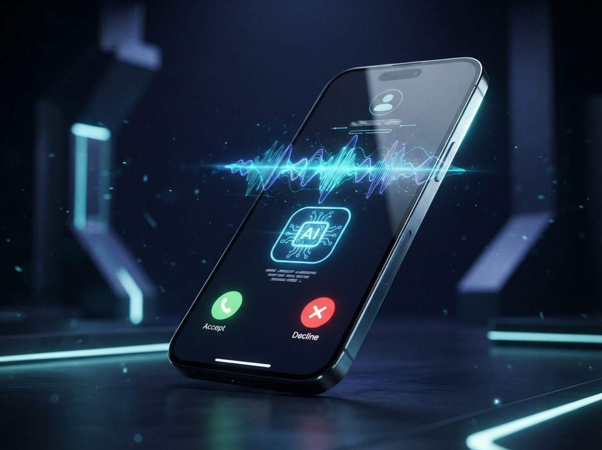 AI receptionist phone interface visualization on a modern smartphone with voice waveforms