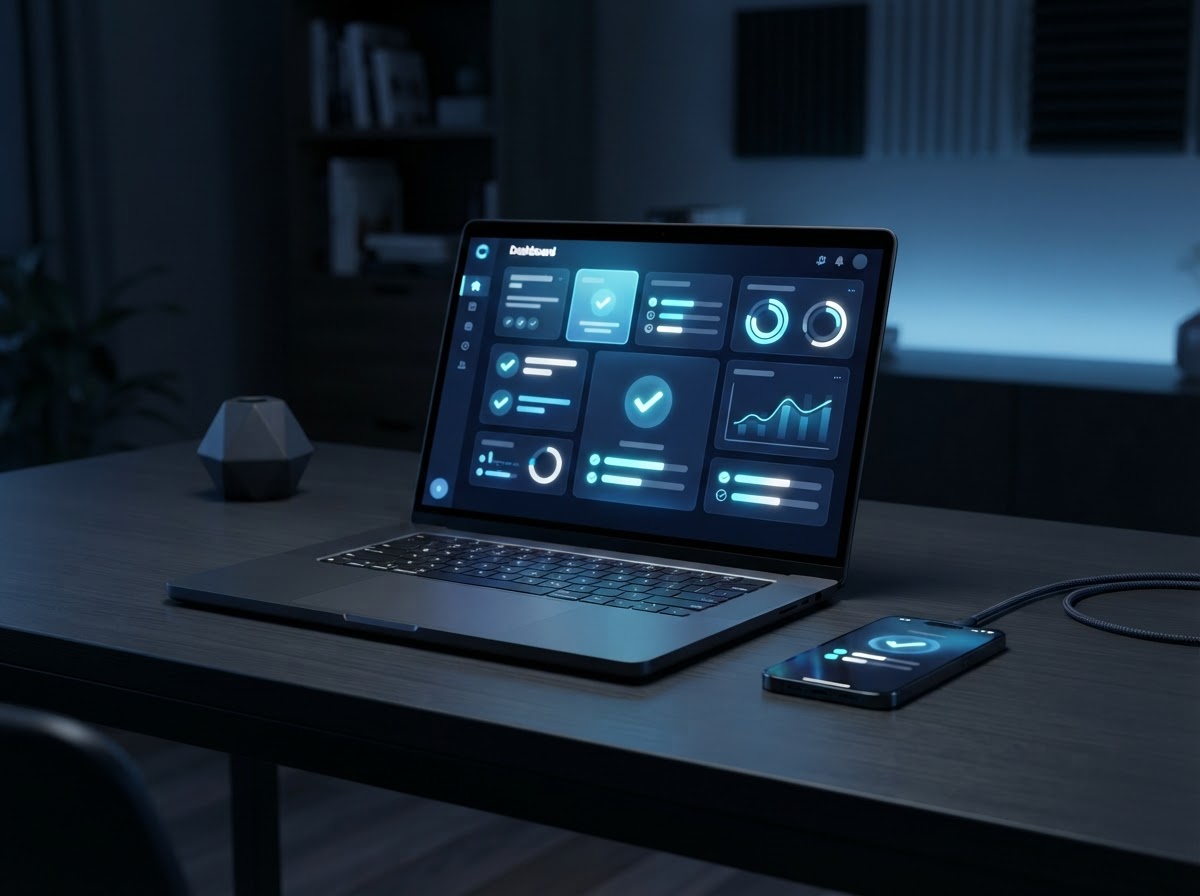 Laptop and smartphone showing website maintenance status on a dark desk with blue accents
