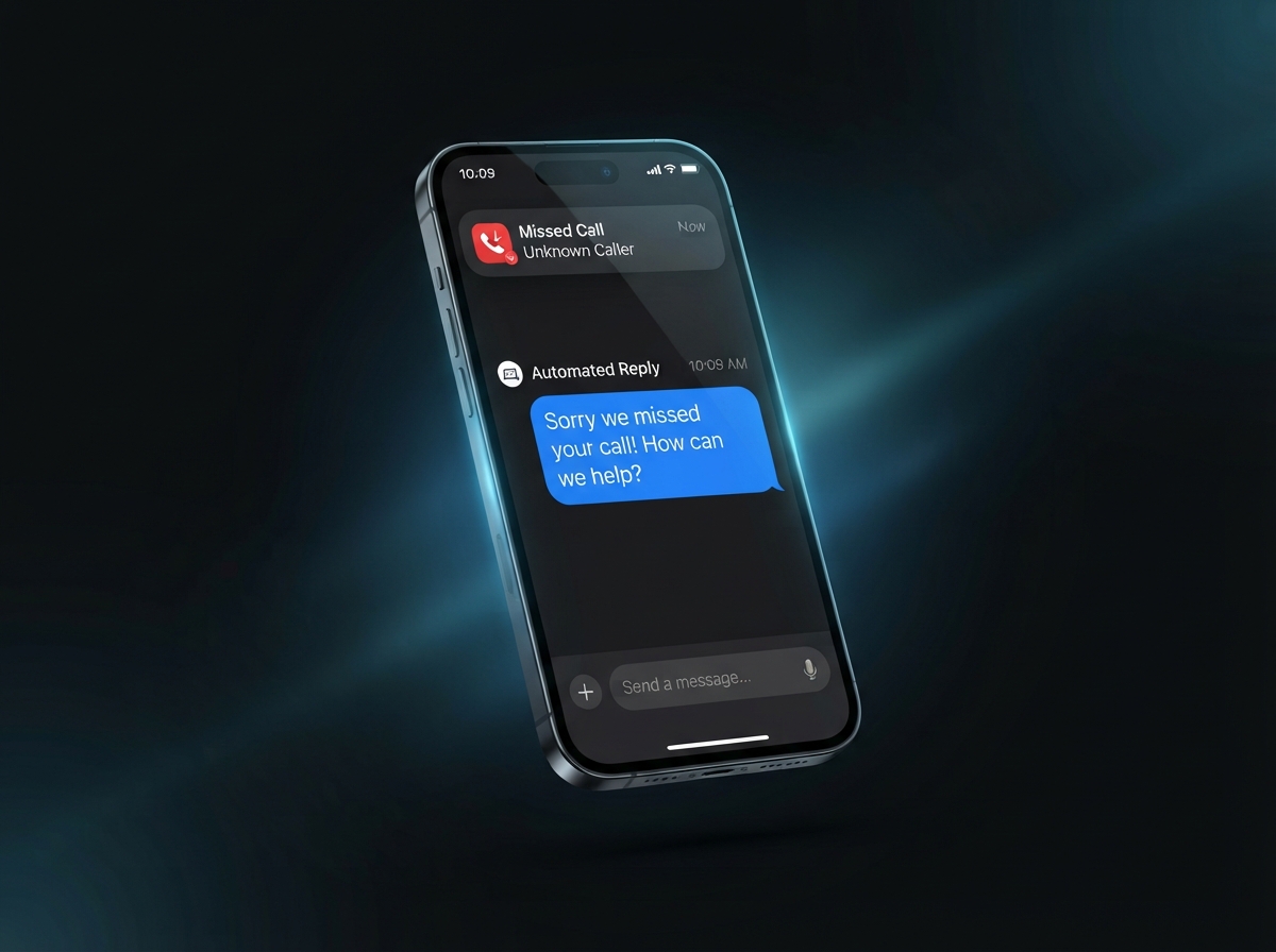 Smartphone showing automatic missed call text back message on a dark interface