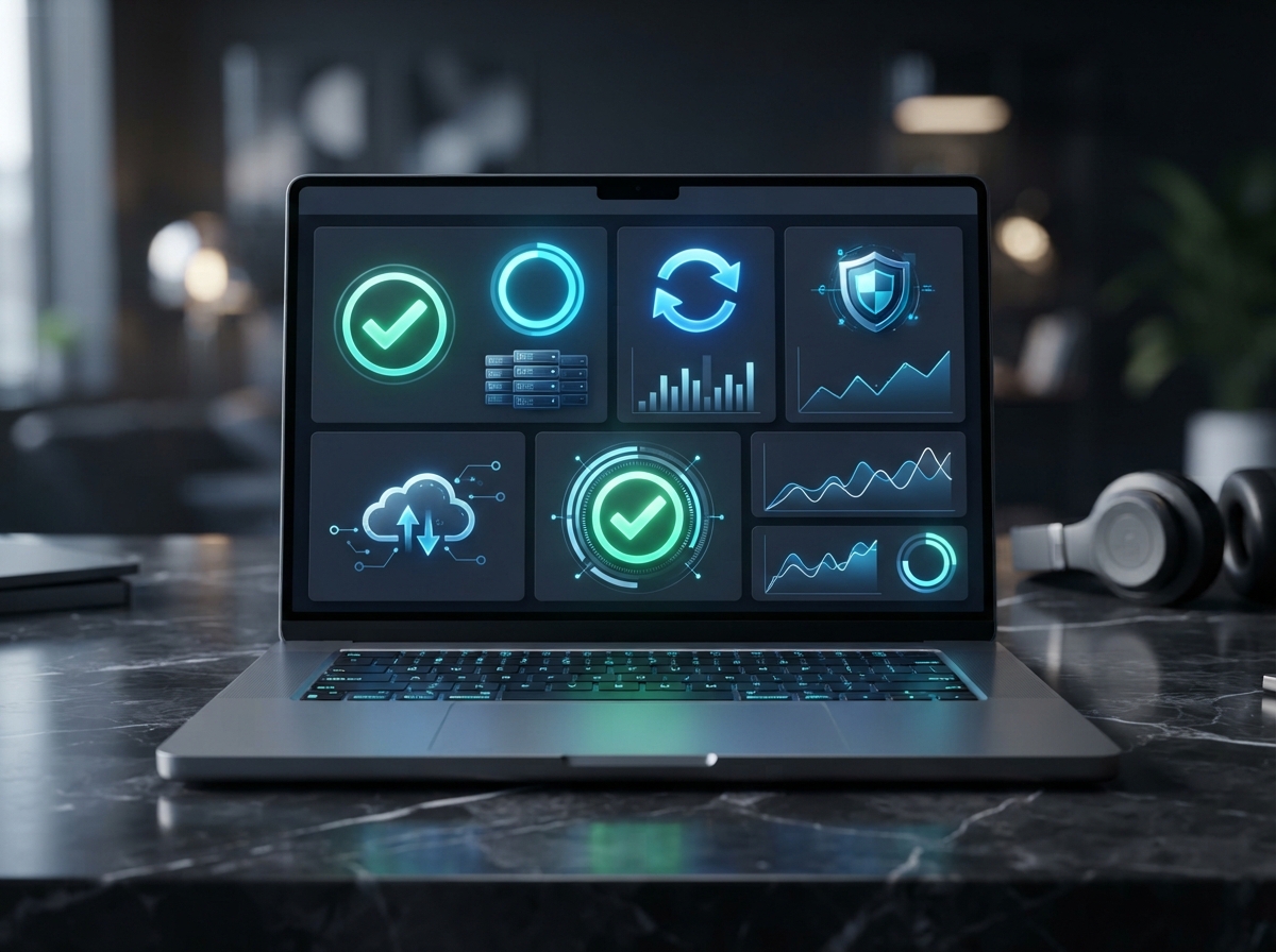 Website maintenance dashboard showing hosting, backups, and updates