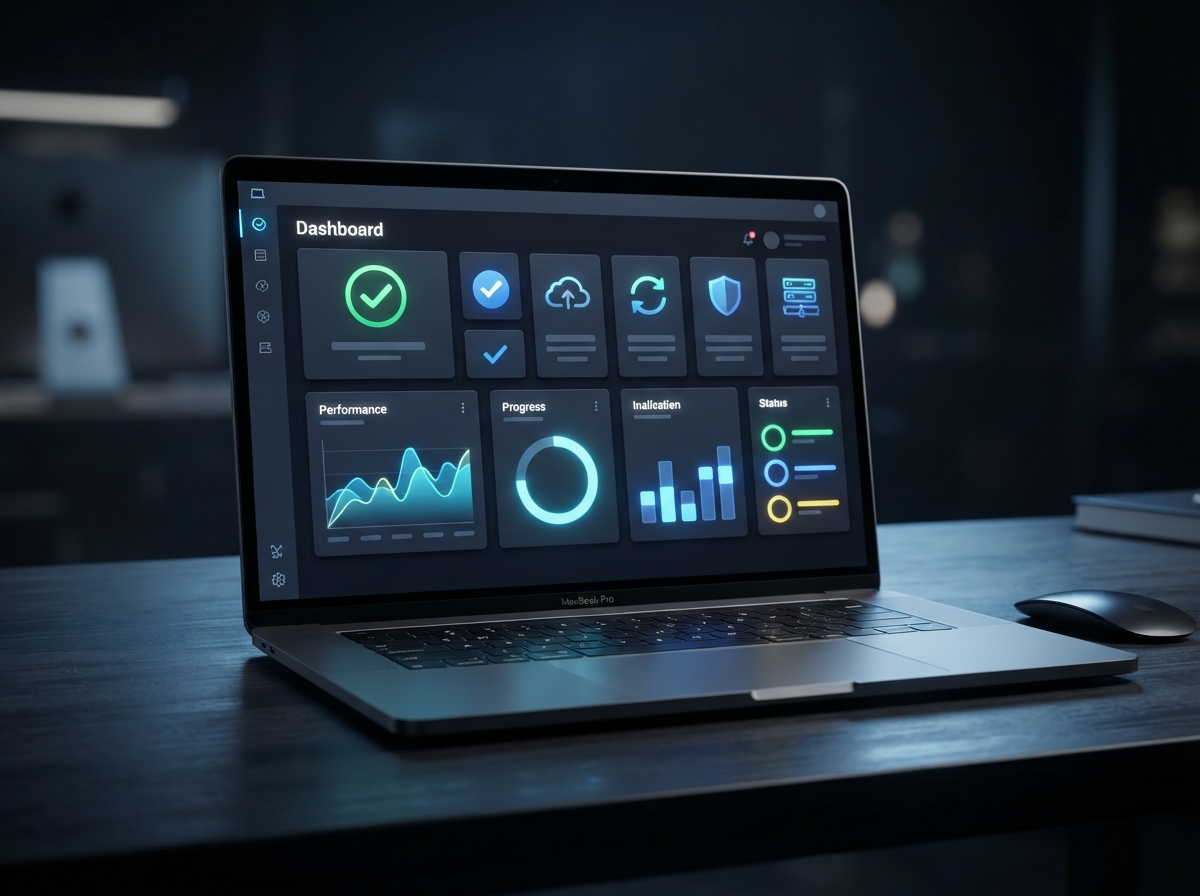 Website maintenance dashboard showing hosting, backups, and updates on a dark interface