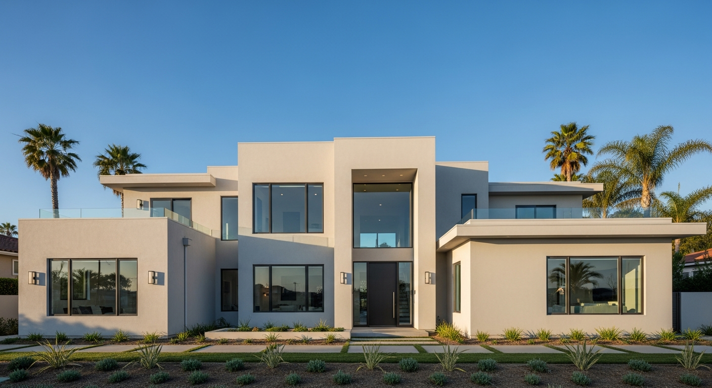 Beautiful modern coastal home exterior in Oceanside California with fresh smooth stucco finish