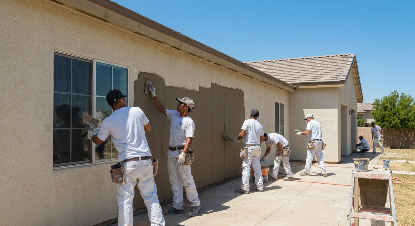 Professional stucco contractors working on a residential exterior wall Oceanside CA