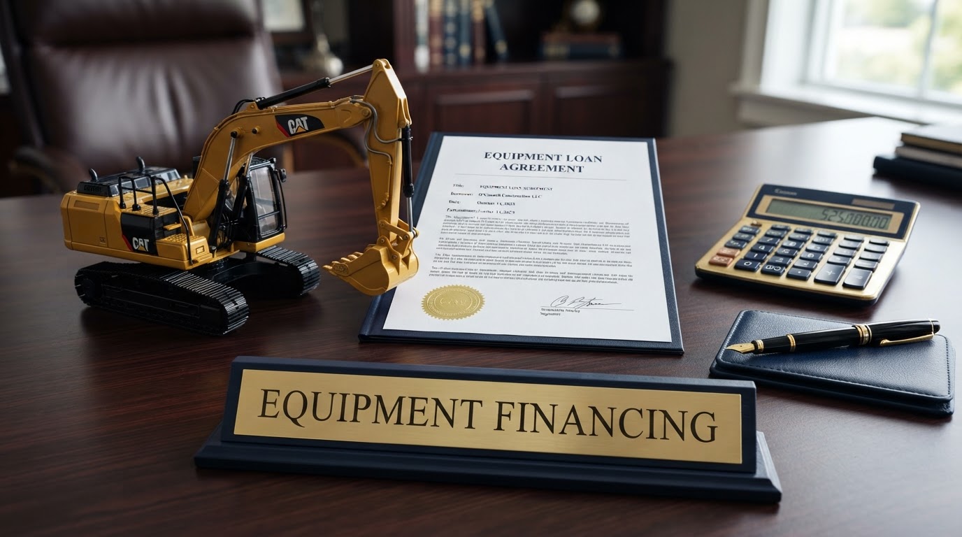 Realistic still life on a dark desk showing equipment financing: a detailed miniature yellow construction excavator model, an equipment loan agreement document, a calculator, a fountain pen, and a polished brass nameplate reading Equipment Financing, dark navy and gold color scheme