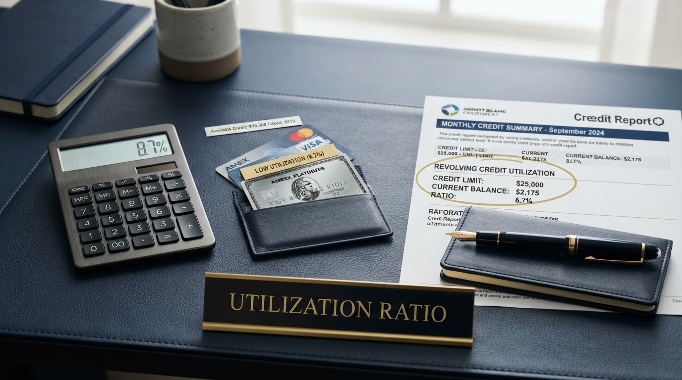 Realistic still life on a dark navy desk showing credit utilization ratio concept: a clean modern calculator displaying a percentage, neatly fanned credit cards with a small portion highlighted to show a low balance, a credit report document with a utilization metric circled, a fountain pen, and a polished brass nameplate reading Utilization Ratio, dark navy and gold color scheme