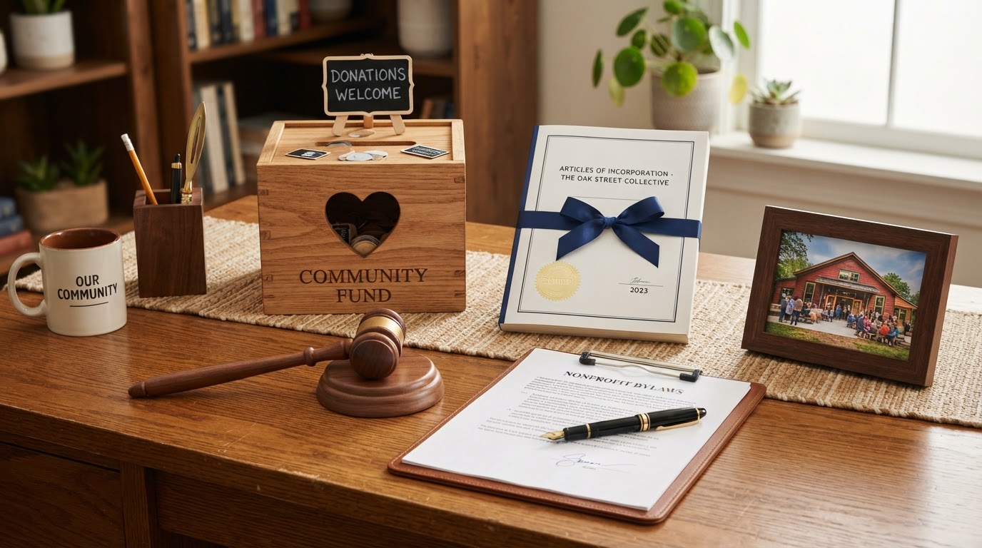 Warm community-focused still life on a clean desk with a wooden donation box with a heart cutout, stacked nonprofit incorporation documents with a gold seal, a gavel, and a fountain pen