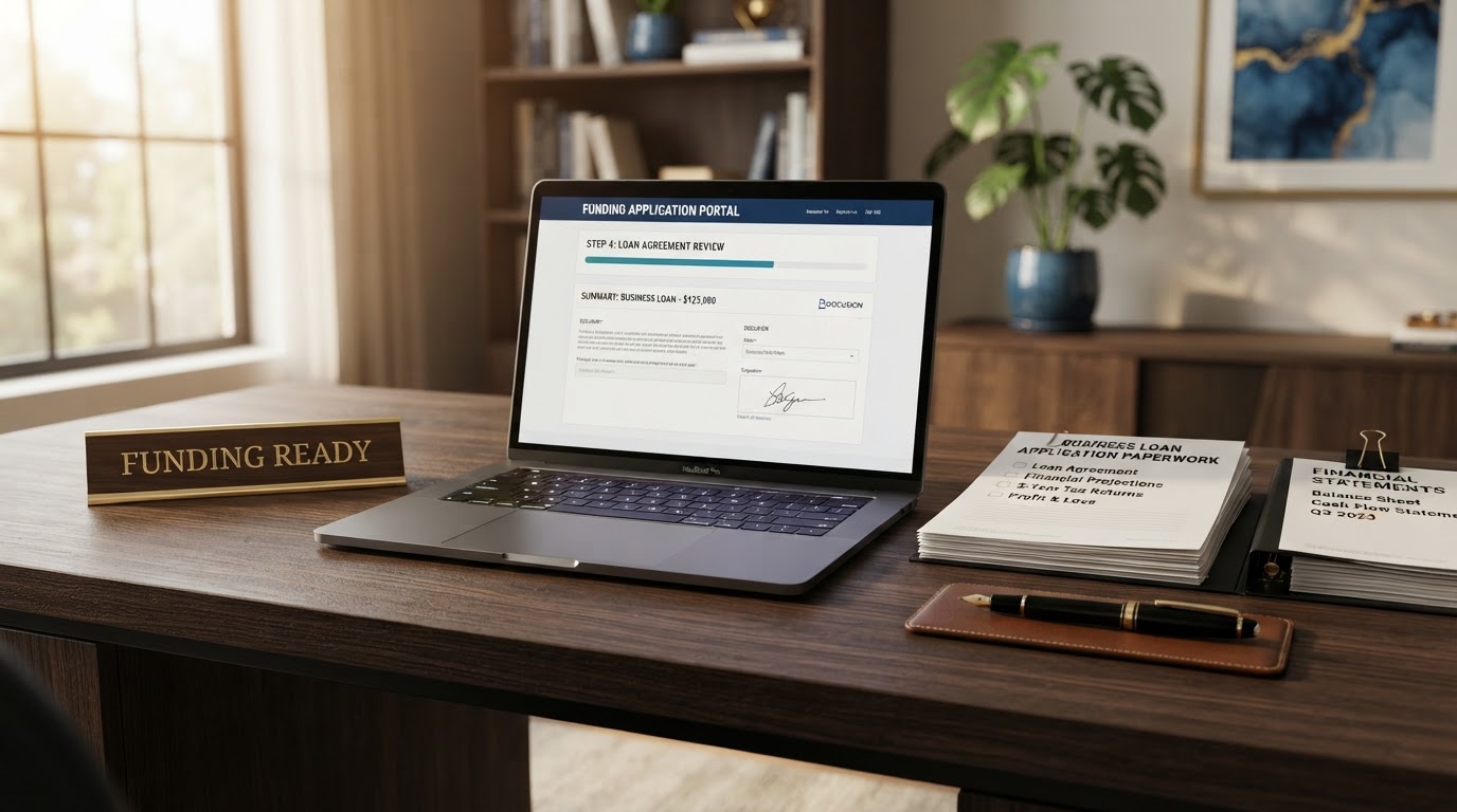 Clean modern desk with an open laptop showing a funding application portal and business loan paperwork, organized financial statements, a brass nameplate reading Funding Ready, and a fountain pen