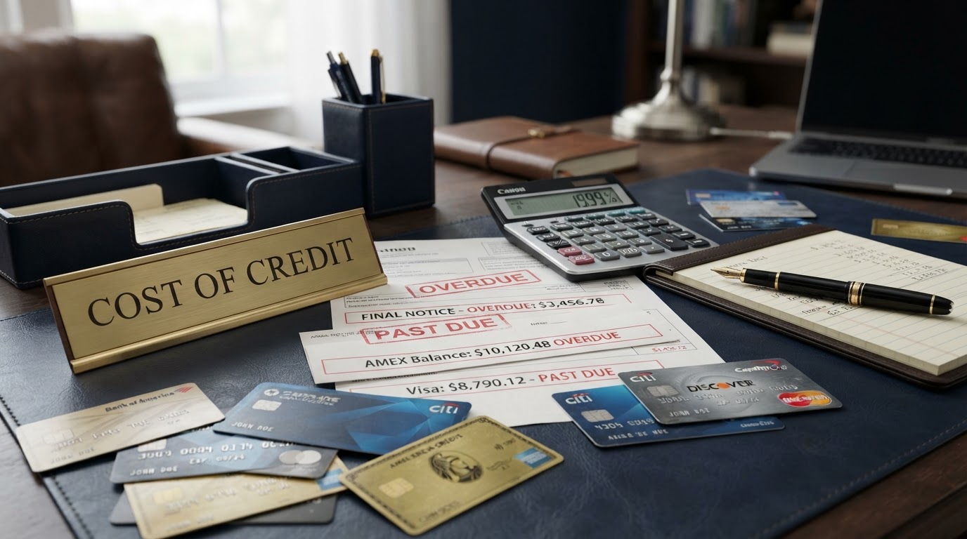 Realistic still life on a dark navy desk showing the hidden cost of bad credit: scattered credit cards, overdue bills with red OVERDUE stamps, a calculator displaying a high interest rate, a fountain pen, and a polished brass nameplate reading Cost of Credit, dark navy and gold color scheme