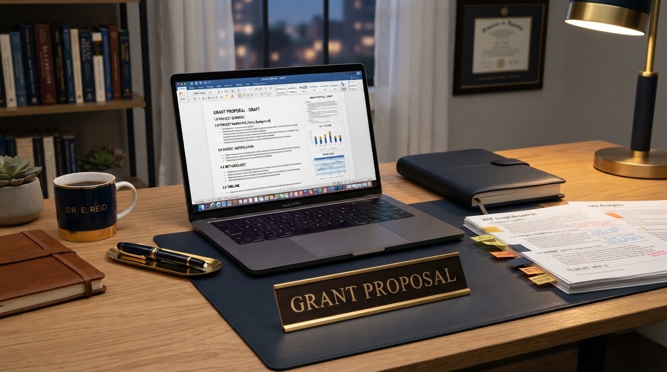 Realistic modern professional desk with an open laptop showing a grant proposal document being drafted with section headings, organized research notes and sticky tabs, a fountain pen, and a polished brass nameplate reading Grant Proposal, dark navy and gold color scheme