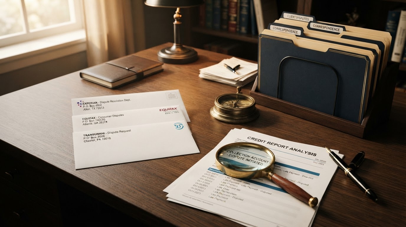 Clean credit repair still life on a dark desk with three stacked official credit bureau letters, a magnifying glass resting on a credit report document, a fountain pen, and neatly organized file folders