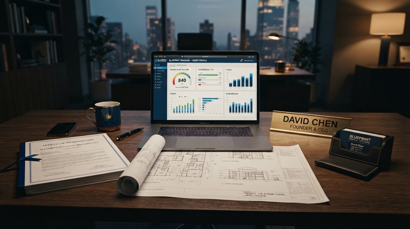 Modern professional desk with an open laptop showing business credit building dashboard with charts, polished brass EIN nameplate, leather business card holder, incorporation documents, and an architectural blueprint drawing