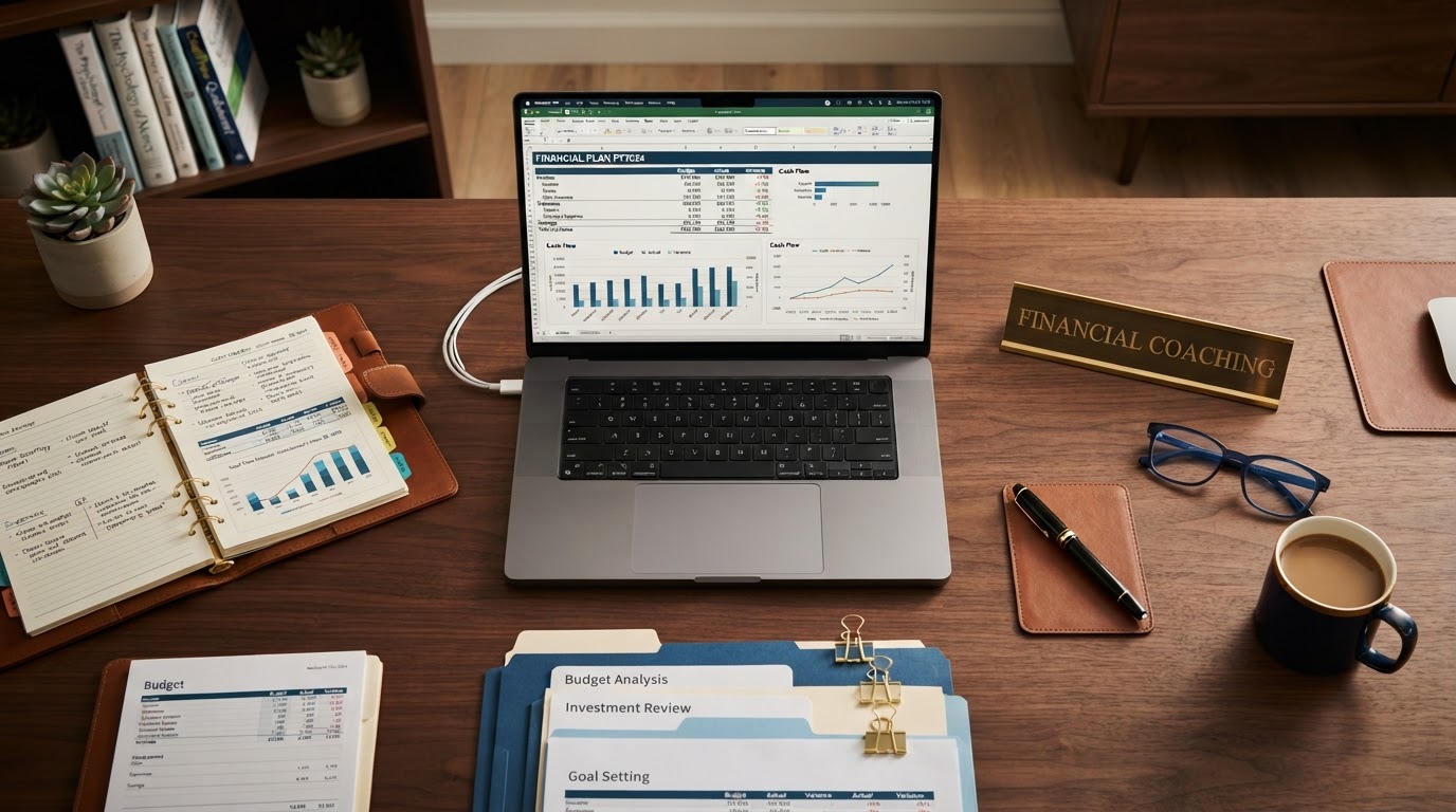 Clean modern professional desk with an open laptop showing a detailed budget spreadsheet and cash flow charts, organized financial planning documents, a fountain pen, and a brass nameplate reading Financial Coaching
