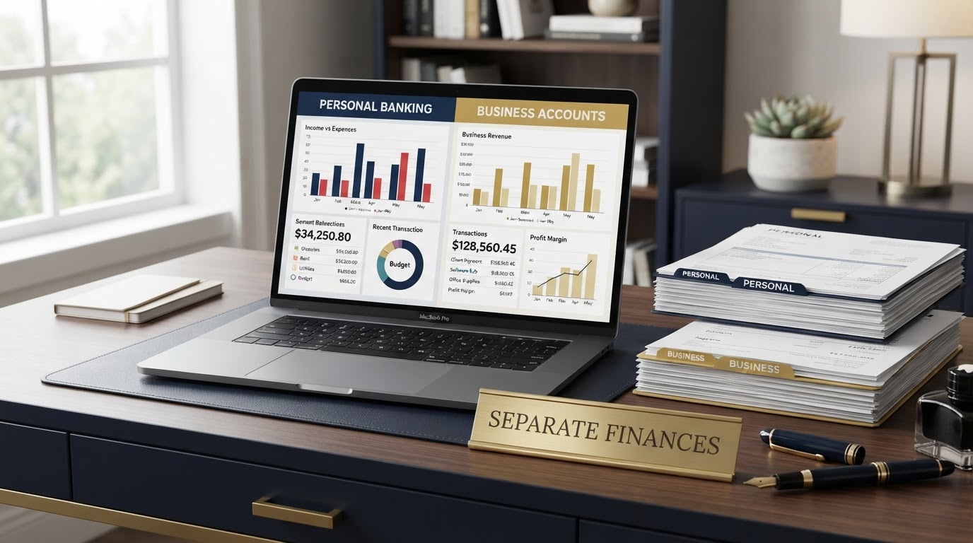 Realistic modern professional desk with an open laptop showing a split-screen dashboard cleanly separating personal and business bank accounts with bar charts, two neatly organized stacks of financial documents labeled Personal and Business, a brass nameplate reading Separate Finances, a fountain pen, dark navy and gold color scheme