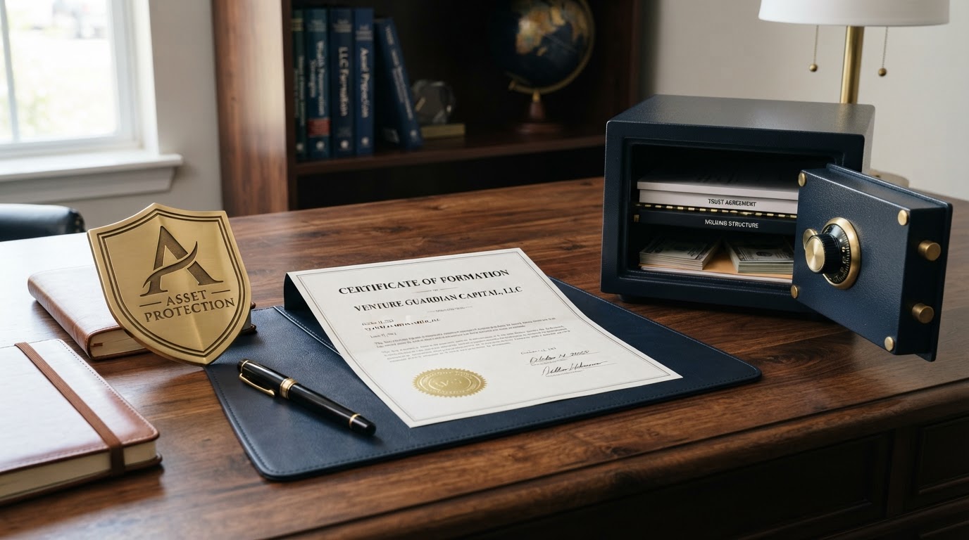 Realistic still life on a dark mahogany desk showing asset protection for entrepreneurs: a polished brass shield emblem, an LLC formation document with a gold seal, a small combination safe with the door slightly open revealing stacked documents, a fountain pen, dark navy and gold color scheme