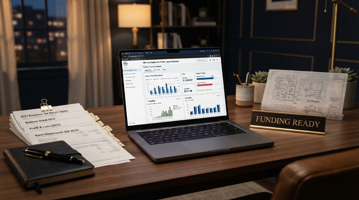 Clean modern professional desk with an open laptop showing an SBA loan application portal and business financing dashboard with charts, organized financial statements and bank statements, a brass nameplate reading Funding Ready, a fountain pen, and a small architectural blueprint drawing, dark navy and gold color scheme