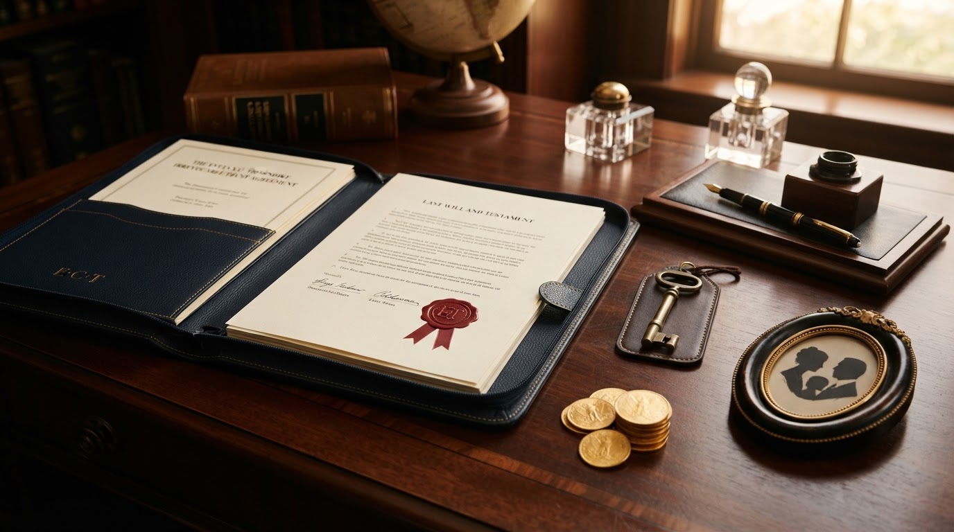 Elegant estate planning still life on a dark mahogany desk with an open leather portfolio binder revealing trust documents with a wax seal, an antique brass key, a fountain pen, and stacked gold coins