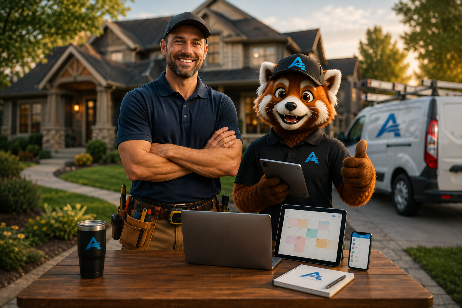 ArbrStack — Home service contractor and mascot with laptop, tablet, and smartphone