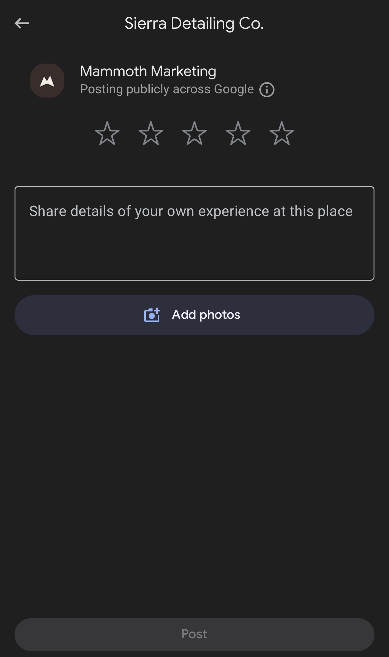 Google review request interface for Sierra Detailing - showing star rating and review form