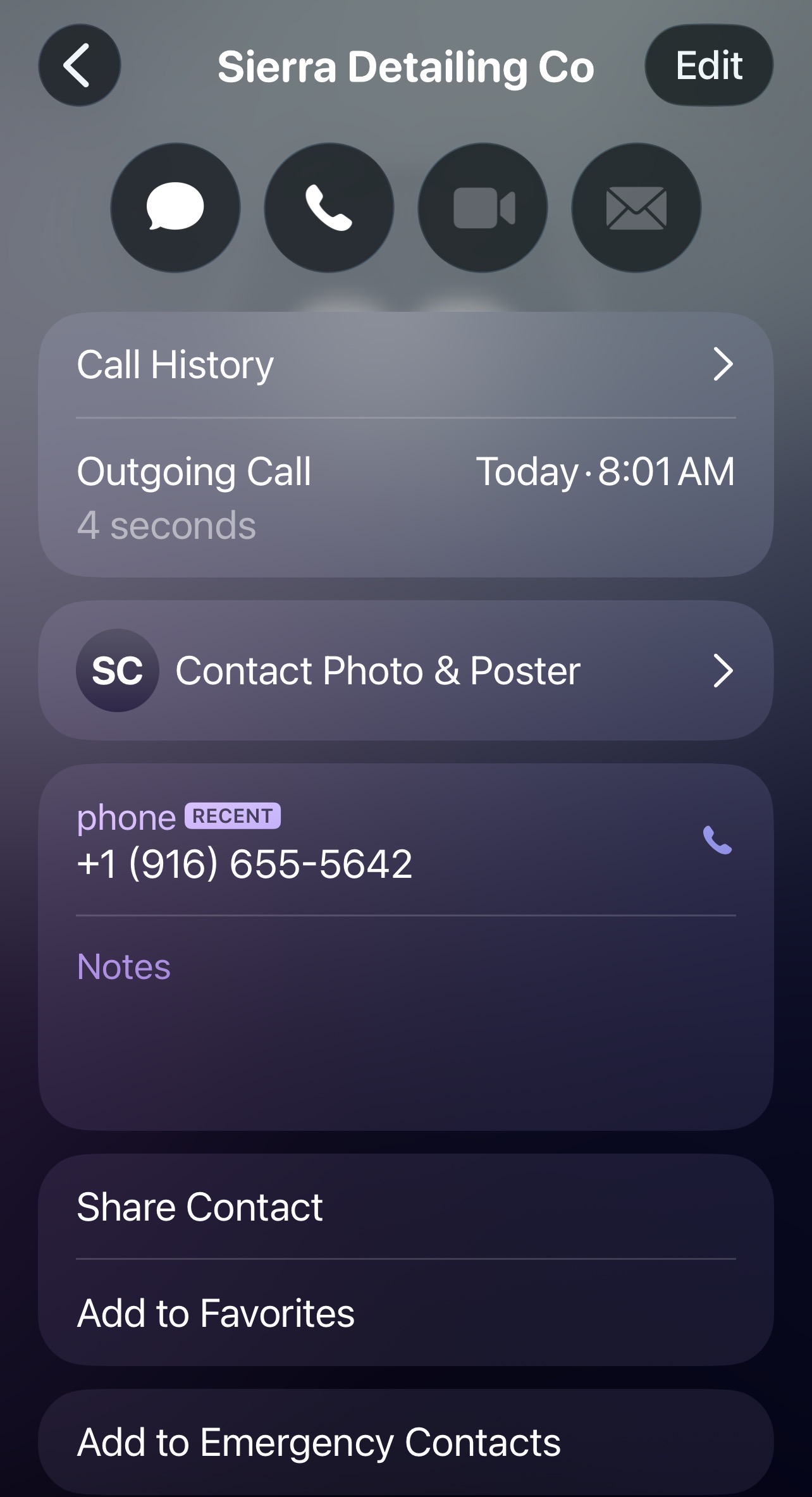 Sierra Detailing contact card in phone showing business details and recent call history