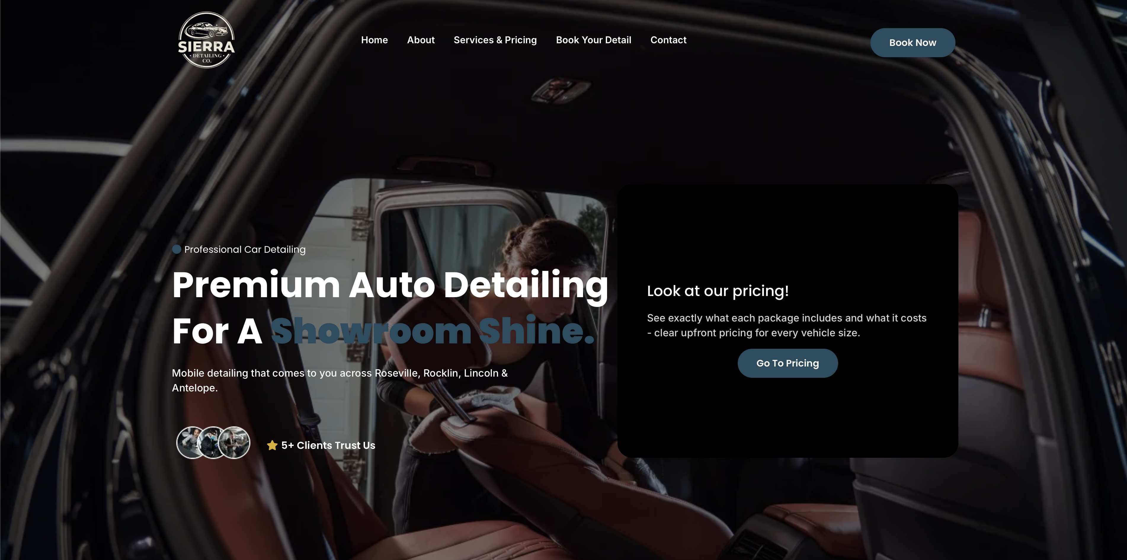 Sierra Detailing website design showcase - professional auto detailing website with dark theme and car interior hero image
